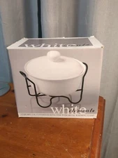 Covered Baking Dish White Elements 1.5 Quart With Metal Warming Stand New In Box
