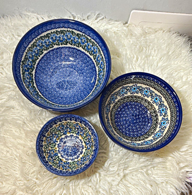 Unikat Handmade Hand Painted Polish Pottery Floral Bowl Set 3, 12 in, Blue