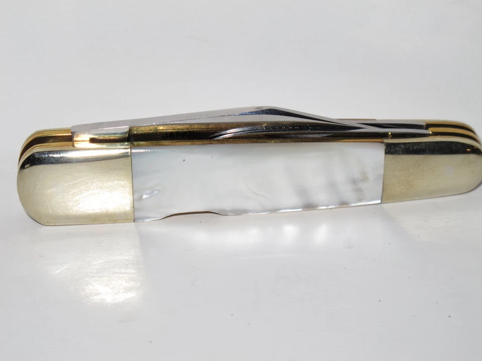 Cuchillo de 3 hojas Parker Cut Co de la década de 1980 celebrado Dirk sin trapear Pearl Lockback nuevo en stock Foto 3 de 4