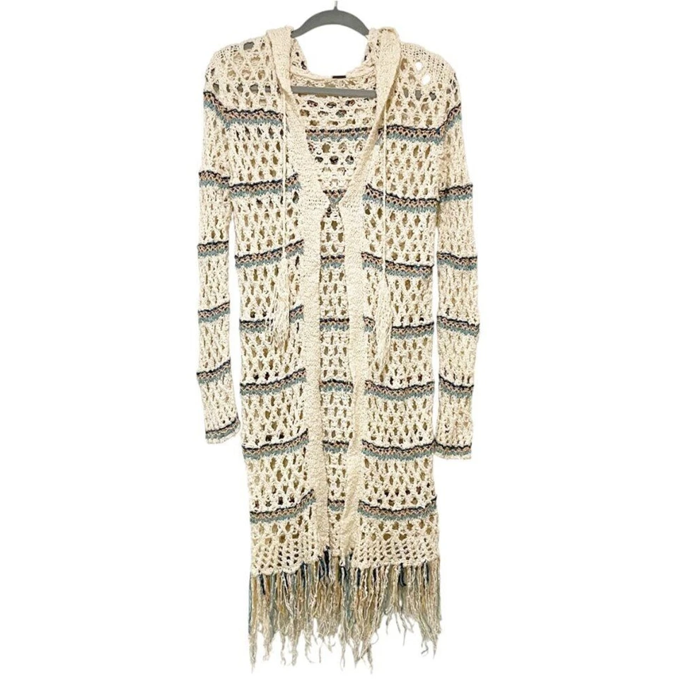 Cárdigan con capucha FP para mujer bloqueador solar azul marfil tejido abierto ganchillo manga larga XS Foto 2 de 4