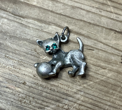Playful Cat Kitten With Ball Charm Pendant Green Rhinestone Eyes Silver Tone