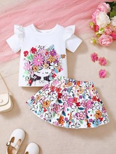 Floral Graphic Ruffle Sleeve Top & Skirt Set