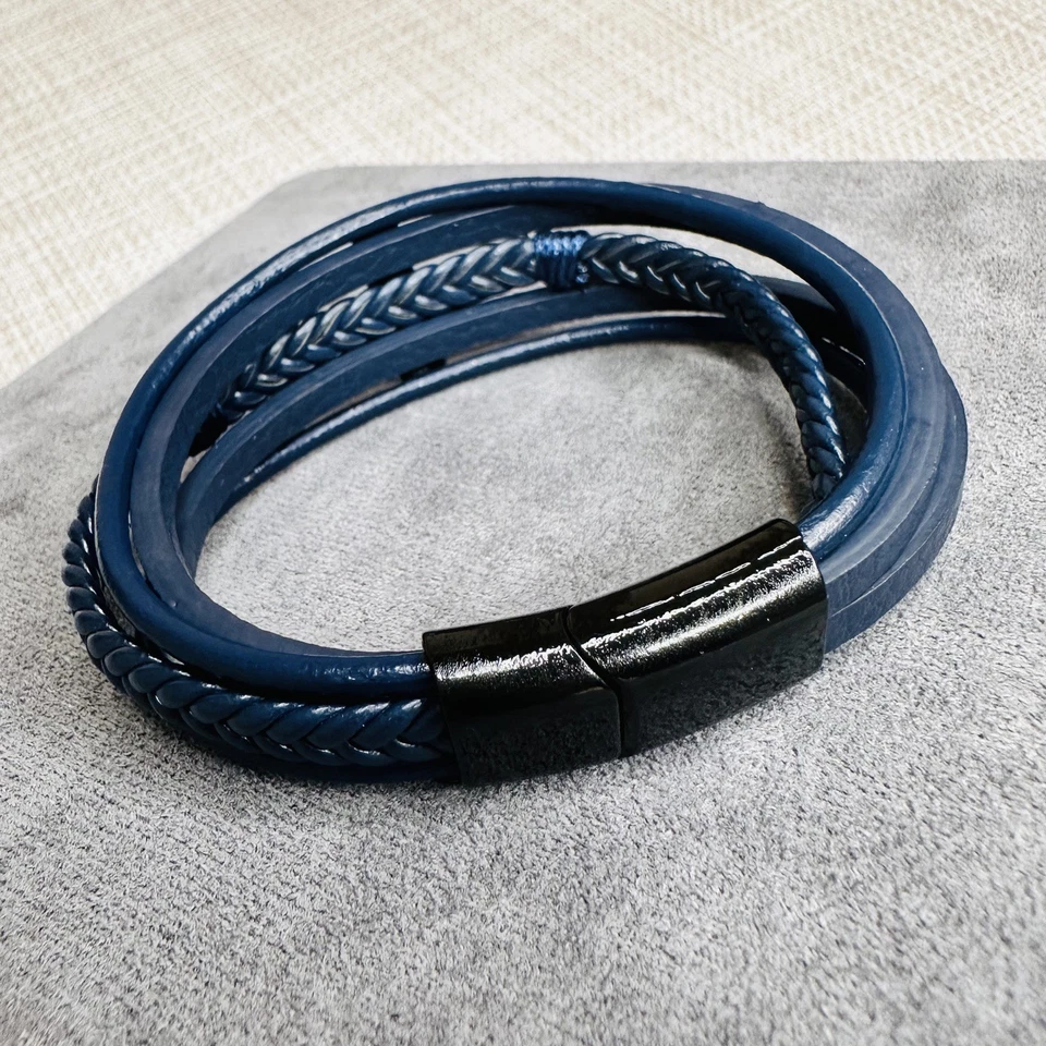 Armband 20 cm – dunkelblau Leder mit Kreuz-Symbol Unisex mehrreihig - Bild 2 von 3