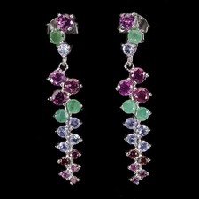 Orecchini In Argento Sterling 925 Con Gemme Di Rodolite, Smeraldo E Tanzanite