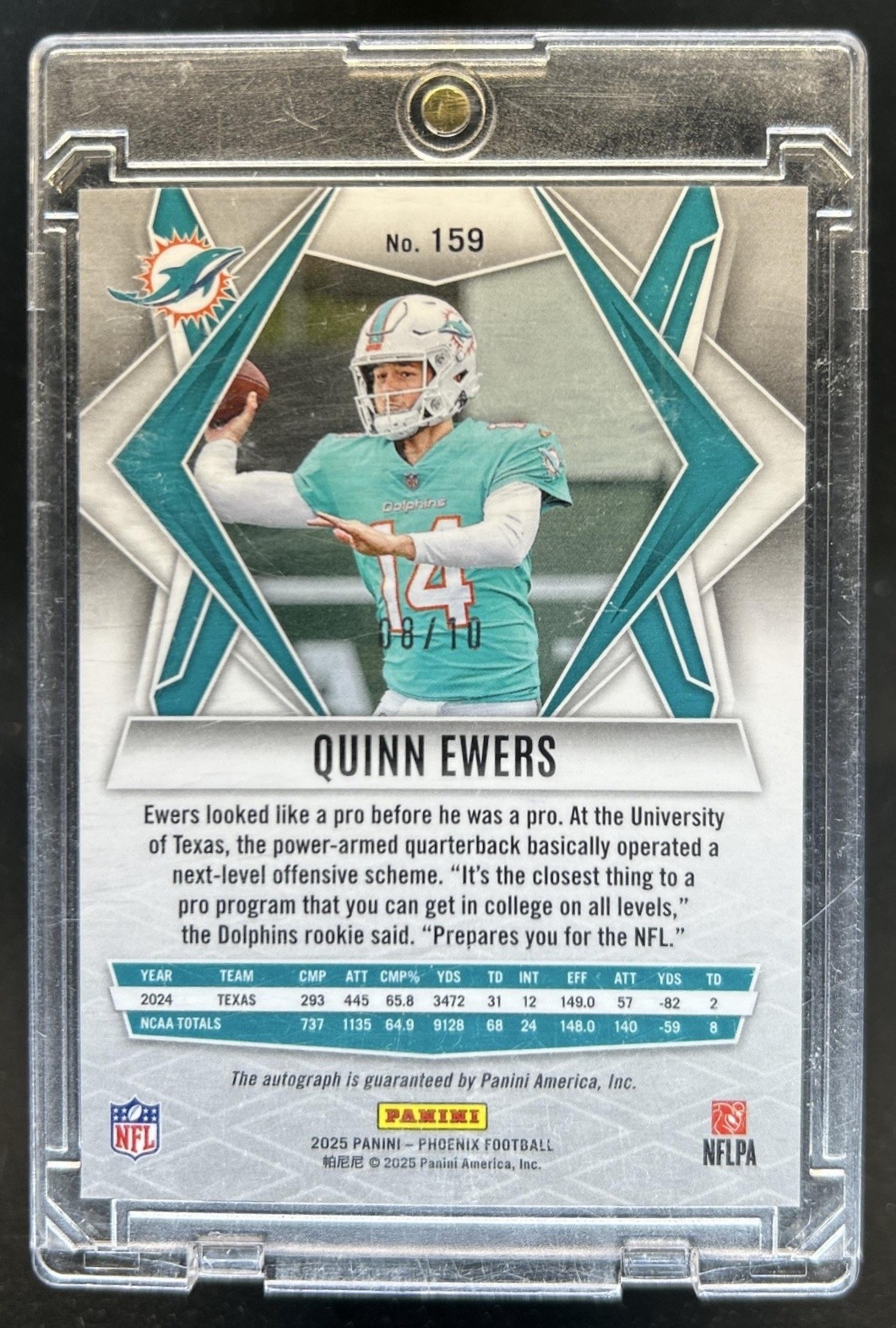 2025 Panini Phoenix Quinn Ewers Rookies Auto RC Gold Prizm Rookie #/10 Dolphins view 2