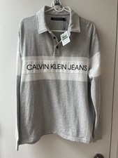 NWT Calvin Klein Men’s Lg. Collared Henley Polo Gray White Big Logo Long Sleeve