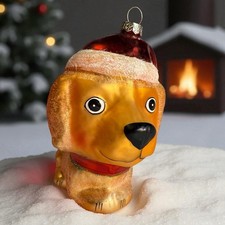 Blown Glass Golden Retriever Puppy Santa Hat Christmas Ornament
