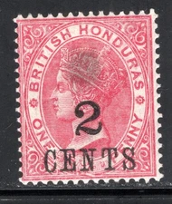 British Honduras Stamp Scott #28, 2c on 1c, Queen Victoria, MLH, SCV$1.25