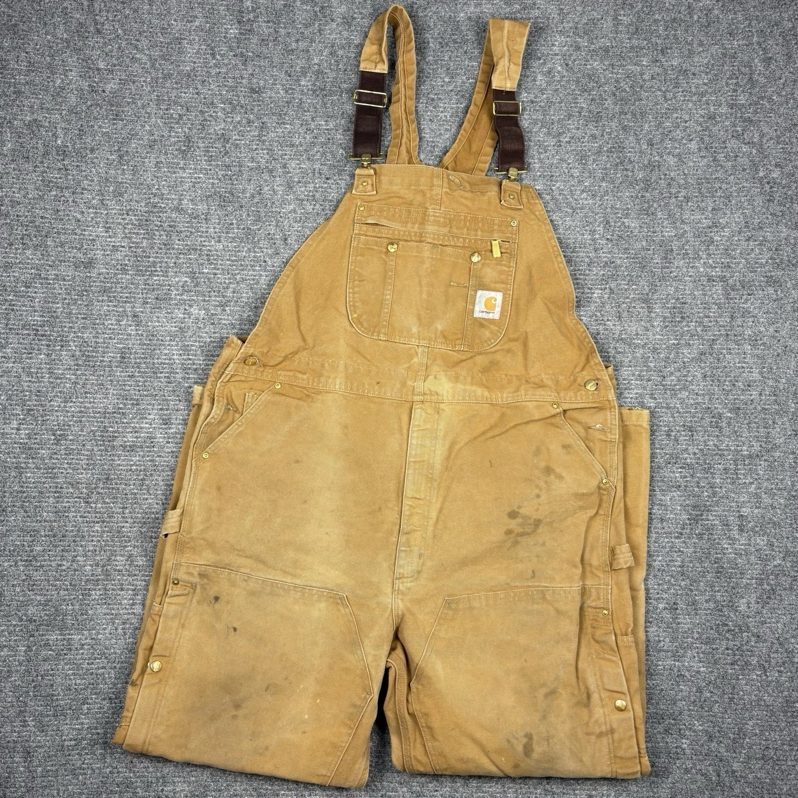 Carhartt R37-BRN Duck Canvas Unlined Double Knee Bib Overalls Size 44x32 Work