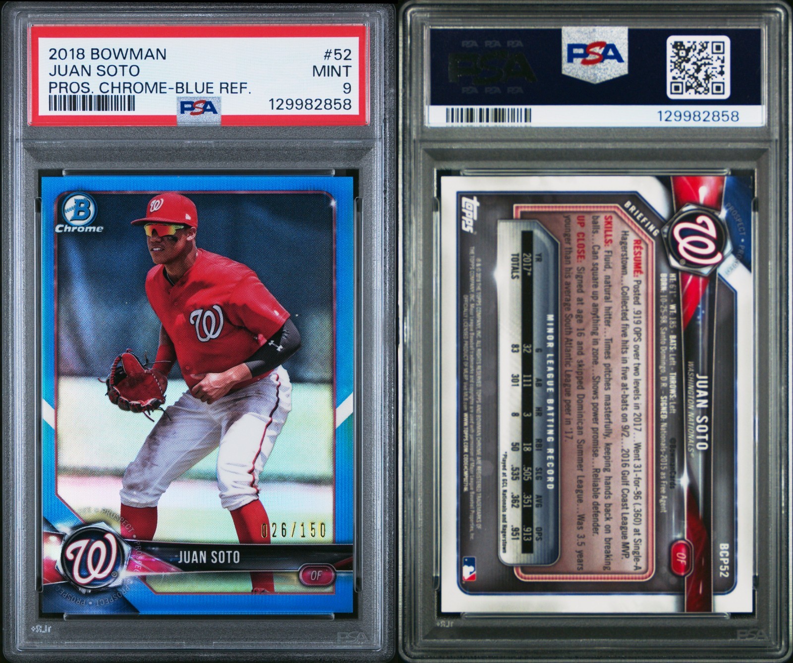 PSA 9 2018 Bowman Chrome Prospects Blue Refractor #BCP52 Juan Soto RC 26/150 view 1