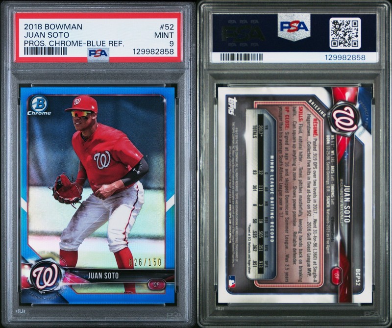 PSA 9 2018 Bowman Chrome Prospects Blue Refractor #BCP52 Juan Soto RC 26/150