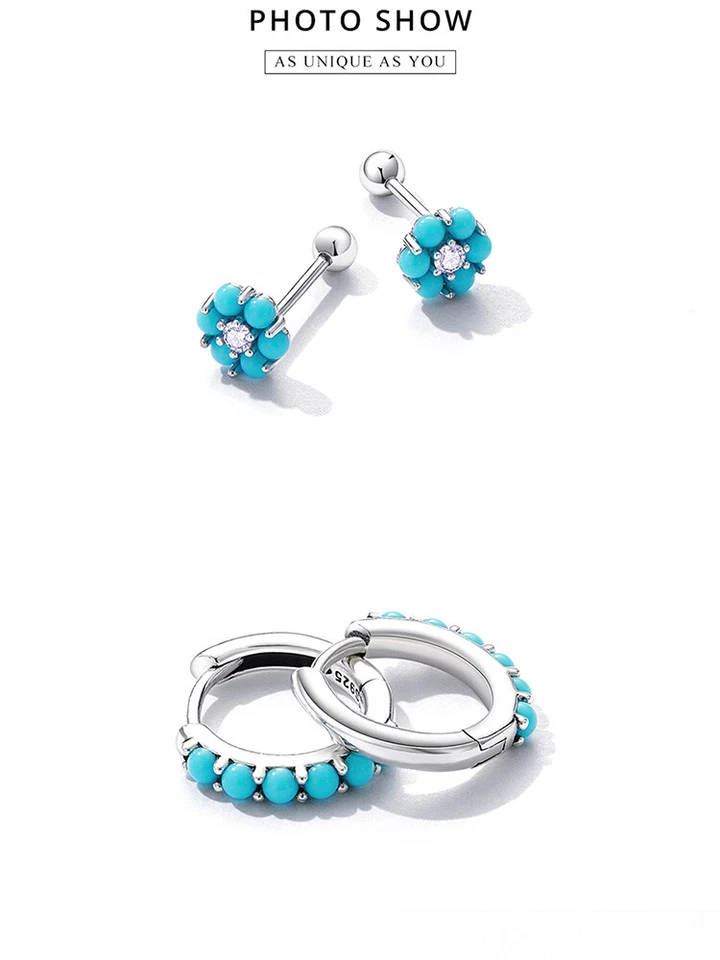 Brincos da moda Wostu S925 prata esterlina flor turquesa - Imagem 4 de 4