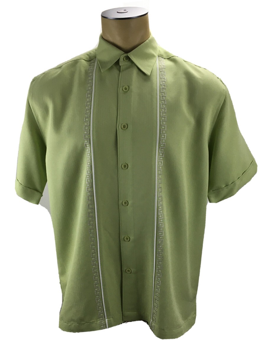 Cubavera Mens Embroidered Panel Short Sleeve Shirt - Lime Green - Medium