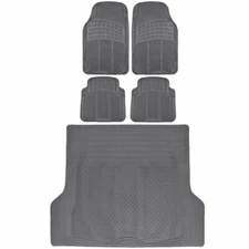 Rubber Car Floor Mats 5 PC Gray Front Rear and Cargo Trunk Liner Auto Truck SUV