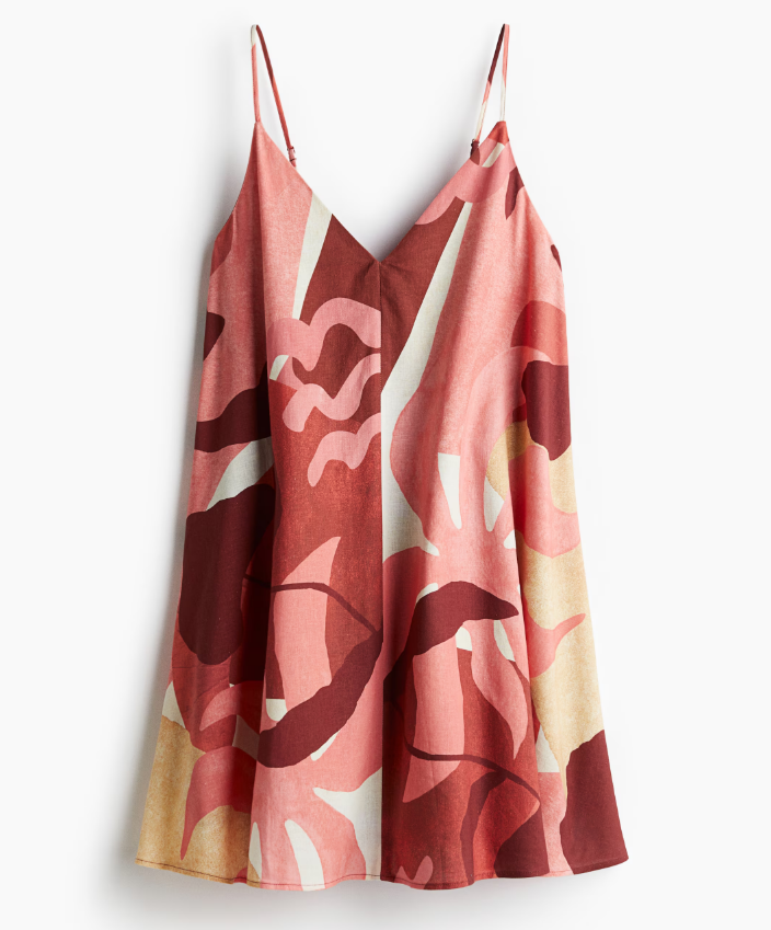 h&m pink linen dress Women's Light pink/floral Tiered One-Shoulder Linen-Blend Dress