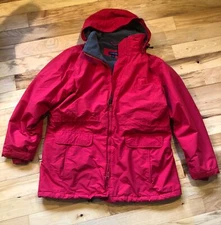 Lands End Winter Parka Coat Red Hooded Fleece Lined Large 14/16  Polar Tech Nice