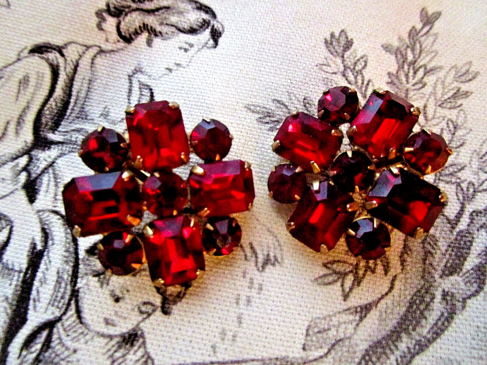 VINTAGE DEEP Ruby Red RHINESTONE CLIP EARRINGS ~ … - image 1