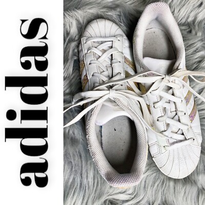 ADIDAS Superstar Sneakers White Leather Gold Metallic Stripes and Heel  Logo,