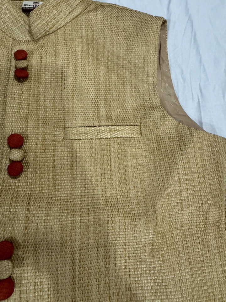 Manyavar Vest Yellow/Tan Indian Formal Button Men's - Image 4 of 4