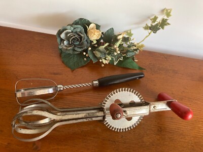 Lot 2 Vtg Rotary Hand Mixer Egg Beater Stainless Steel Red Handle EKCO Farmhouse