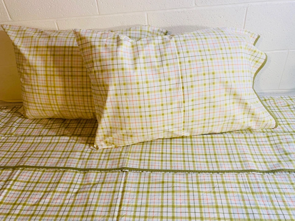 Conjunto de lençóis casuais para casa dupla ~ verde, branco xadrez conjunto com 3 peças - Imagem 4 de 4