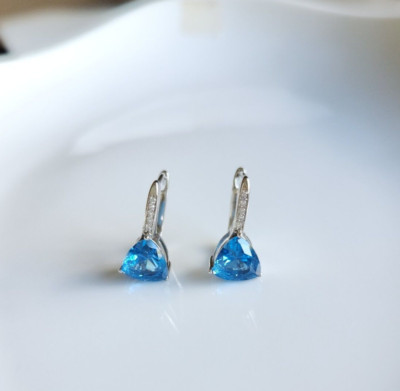 Blue Created Sapphire Trillion Basket Lever Back Earrings in Sterling Silver