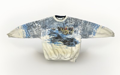 Vtg Christmas Sleigh Ride Art National Wildlife Federation Wraparound Sweater Lg