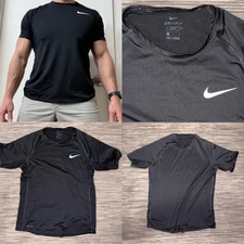 Men’s NIKE PRO Drifit Gym Shirt Large Black w/ White Swoosh. Jock Gym Gear EUC