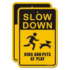 Slow Down and Pets at Play Signs 2 Pack, Reflective Aluminum Yard Safety Signs
