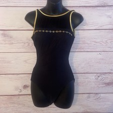 Robby Len Black One Piece Swimsuit 10 Tall Gold Trim Studded High Cut Vtg 90  s