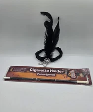 VTG Flapper Costume Accessories Headband Black Feathers Beads Cigarette Holder