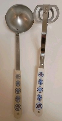 Vintage 2pc Set ACE Stainless Kitchen Utensils Mid-Century USA Blue Hex Retro