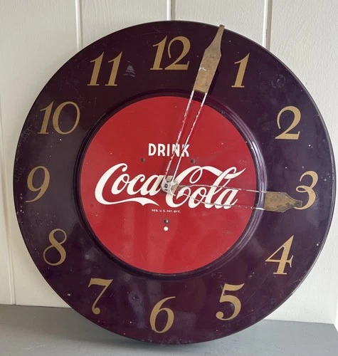 VTG 1950's 18" Diameter COCA COLA Hanging Metal Wall Soda Clock - Needs Work