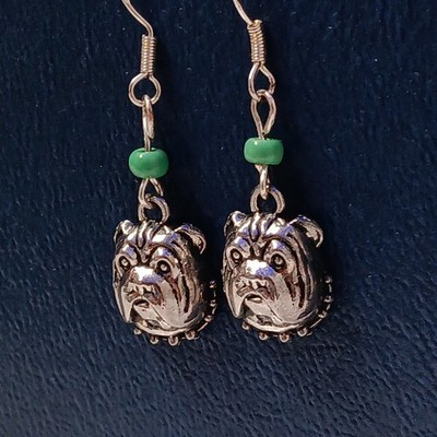 English Bulldog Head Metal Dangle Hook Earrings with Green Beads