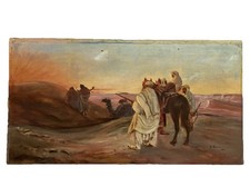 Tableau Ancien Huile s Toile Signée Orientalisme Halte du Convoi Bédouins Désert