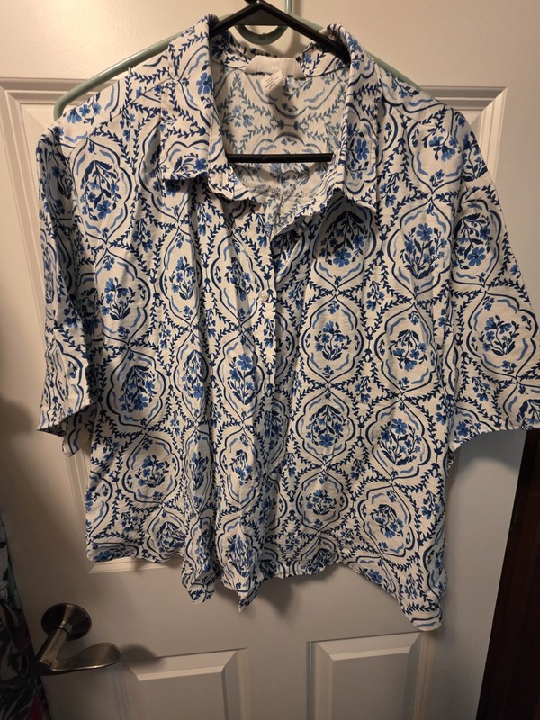 NEW H&M Blouse Crop Top Womens Sz Large Blue White Green Short Sleeve Button-Up