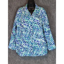 CJ Banks Womens Button Down Shirt Abstract Print Blue Green White Top 3xl Casual