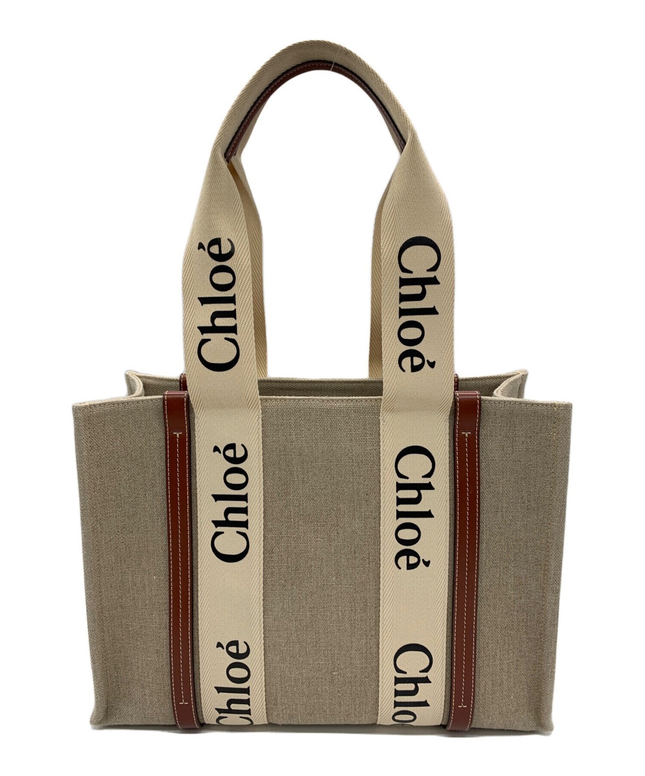 Chloe WOODY Tote Bag Canvas White Brown Medium Womens Carryall Shopper