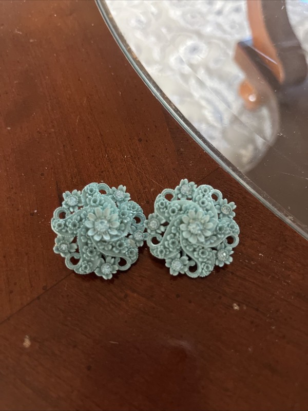 Vintage Blue  Floral Rhinestones Clip On Earrings Mid Century