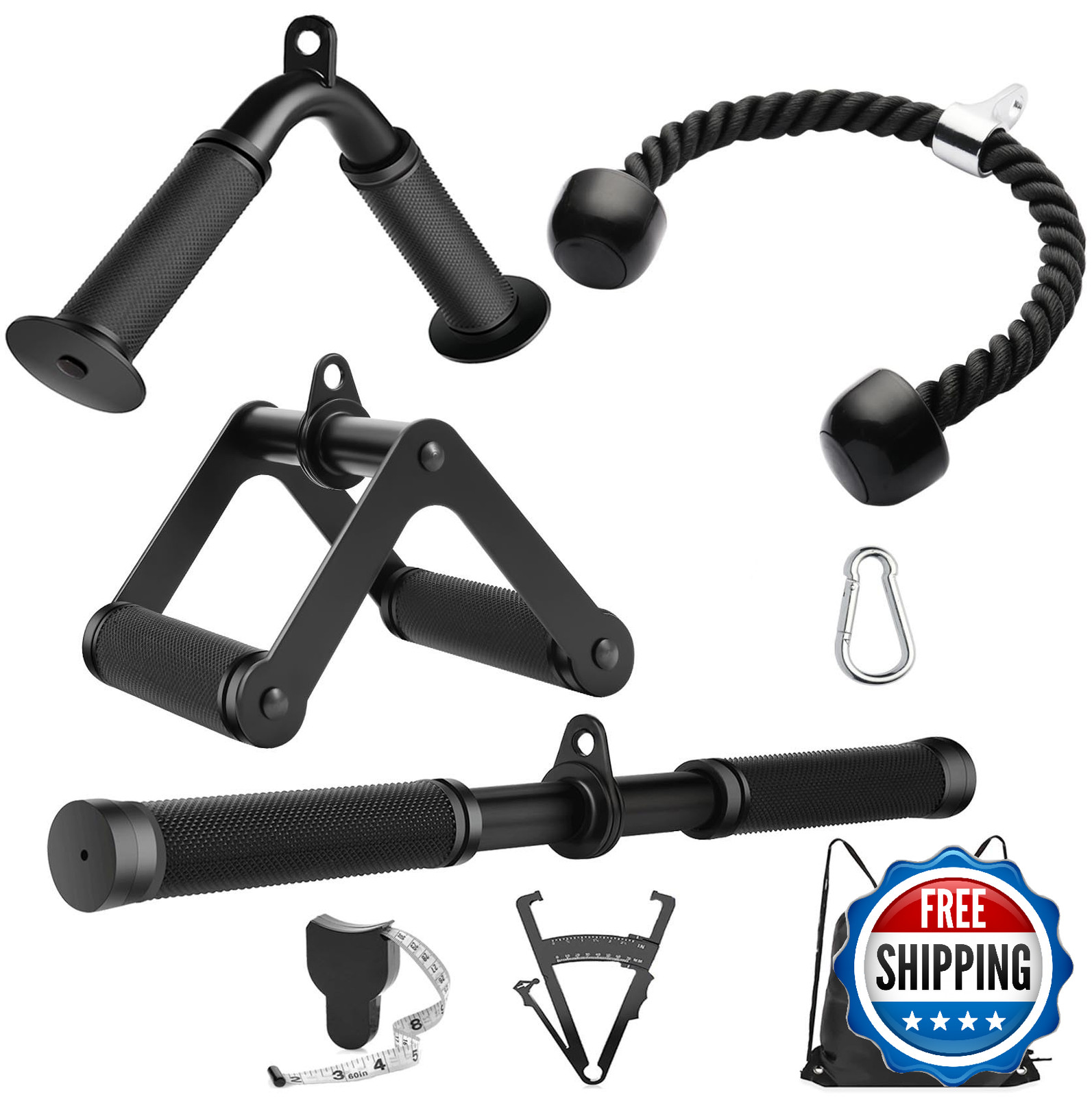 LAT Pulldown Cable Machine Attachments Set (4-Piece, Black) Home Gym Workout