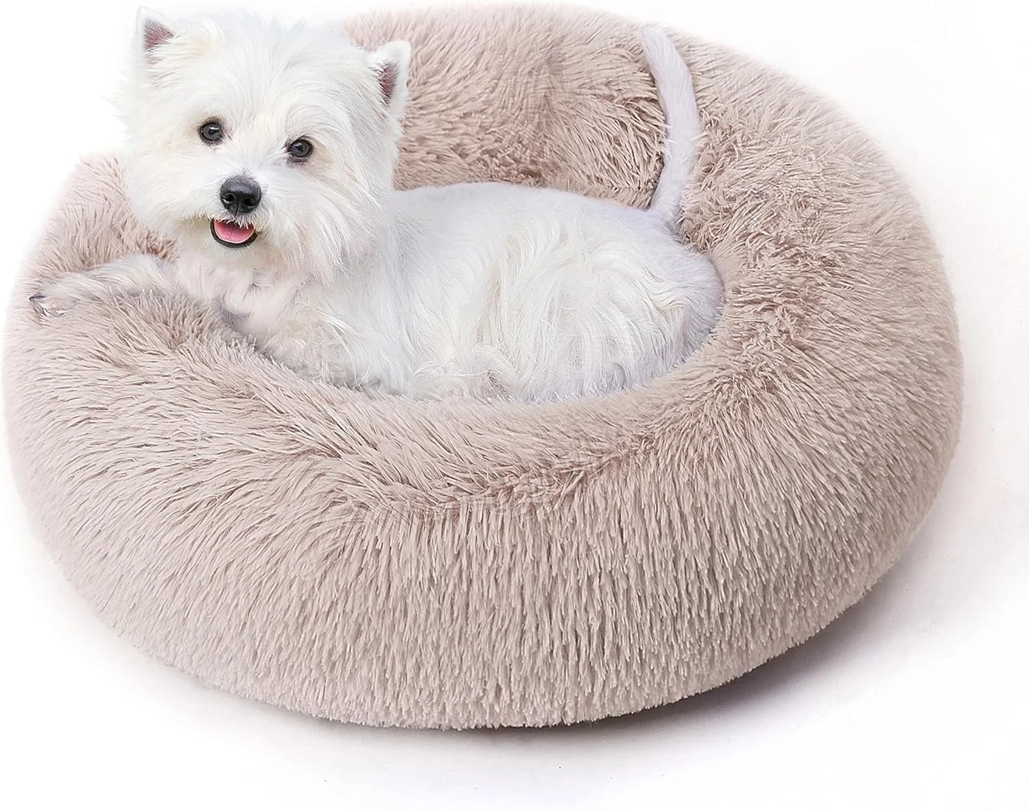24" Calming Donut Dog Cat Bed, Anti-Anxiety Washable Plush Round Pet Bed, Khaki