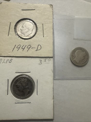 (3) Silver Dimes Of The Last 133 Years Barber-1906,Mercury-1928-S, Rosrvelt 49-D