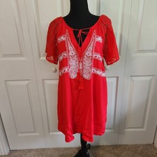 Red Embroidered Boho Mini Dress Lace Flutter Sleeve Tie Neck S Peasant Cottage