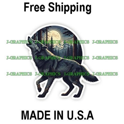 Wolf Shape Howling Moon Mountains Forest Vinyl Decal Sticker A