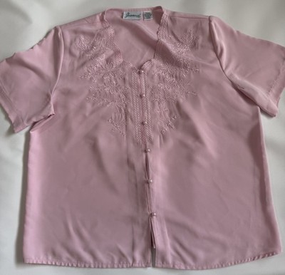 Vintage Y2K Joanna Pink Satin Embroidered Blouse L Coquette Top Flawed 