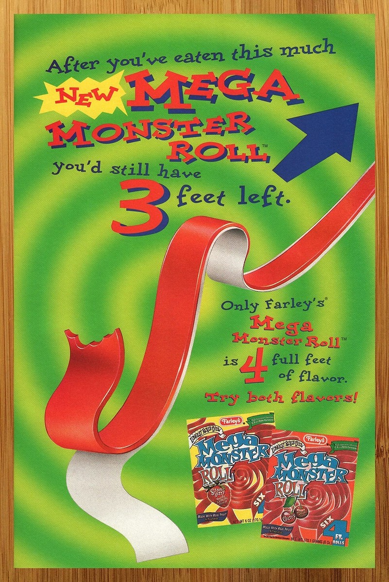 1998 Farley's Mega Monster Roll Print Ad/Poster Fruit by the Foot