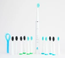 Pursonic Sonic Rechargeable Toothbrush w/ 12 Brush Heads & 50 Flossers - White 