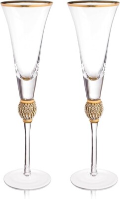 Berkware Set of 2 Trumpet Champagne Flutes, Rhinestones, Gold Rim