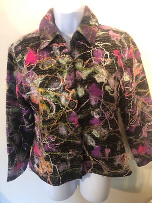 Chico's FUNKY  RARE  Button Wool/yarn 3D EMBROID Lined Jacket Size 0 /Small