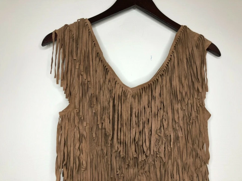 Vestido AllSaints Spitalfields Cabra Gamuza Cuero Marrón Flecos Sin Mangas Talla 00 Foto 3 de 4